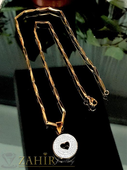 Дамски бижута - Кристален стоманен медальон 2 см със сърце на великолепна верижка 54 см, позлатена стомана - K2080